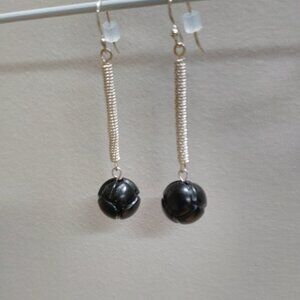 Sterling Silver & Jet Carved Knot Bead Earrings, Handcrafted